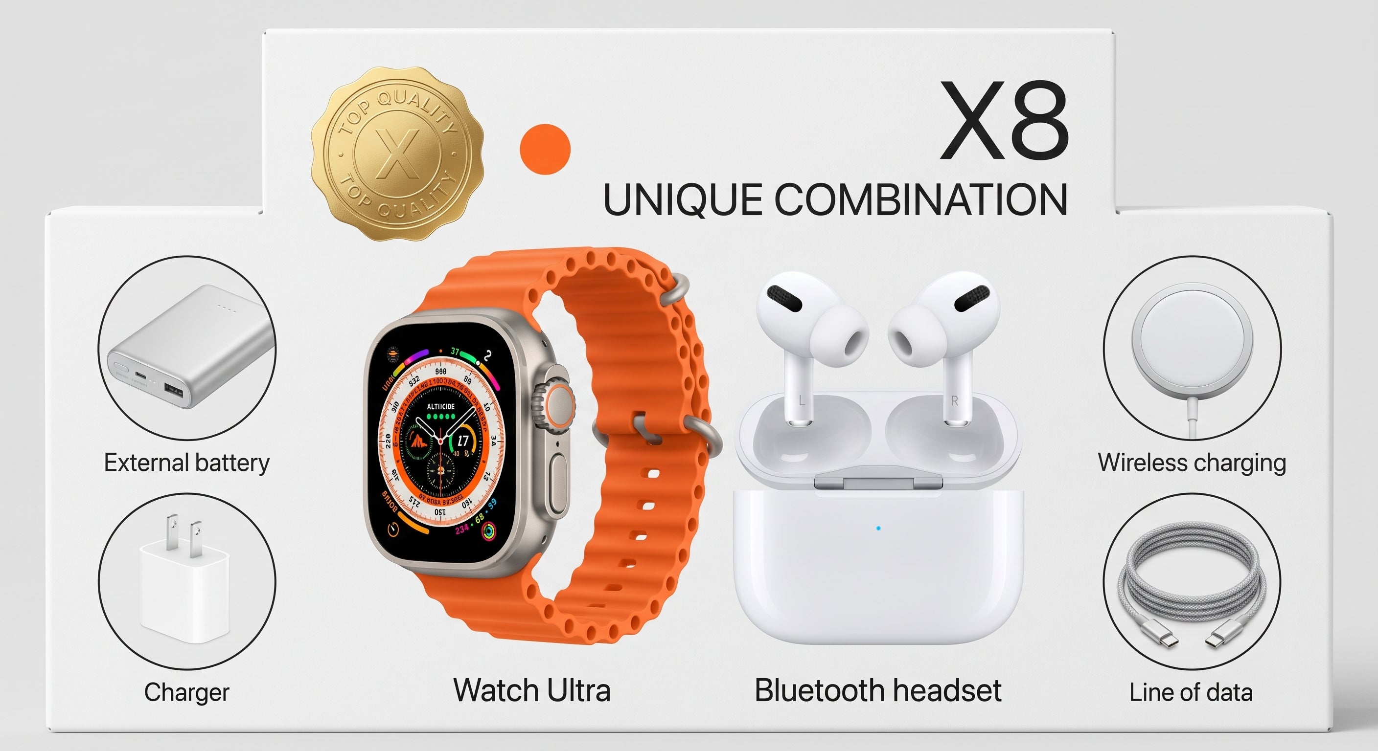 Pack Smartwatch X8 Ultra + Audífonos Inalámbricos — Mega Combo 7-en-1