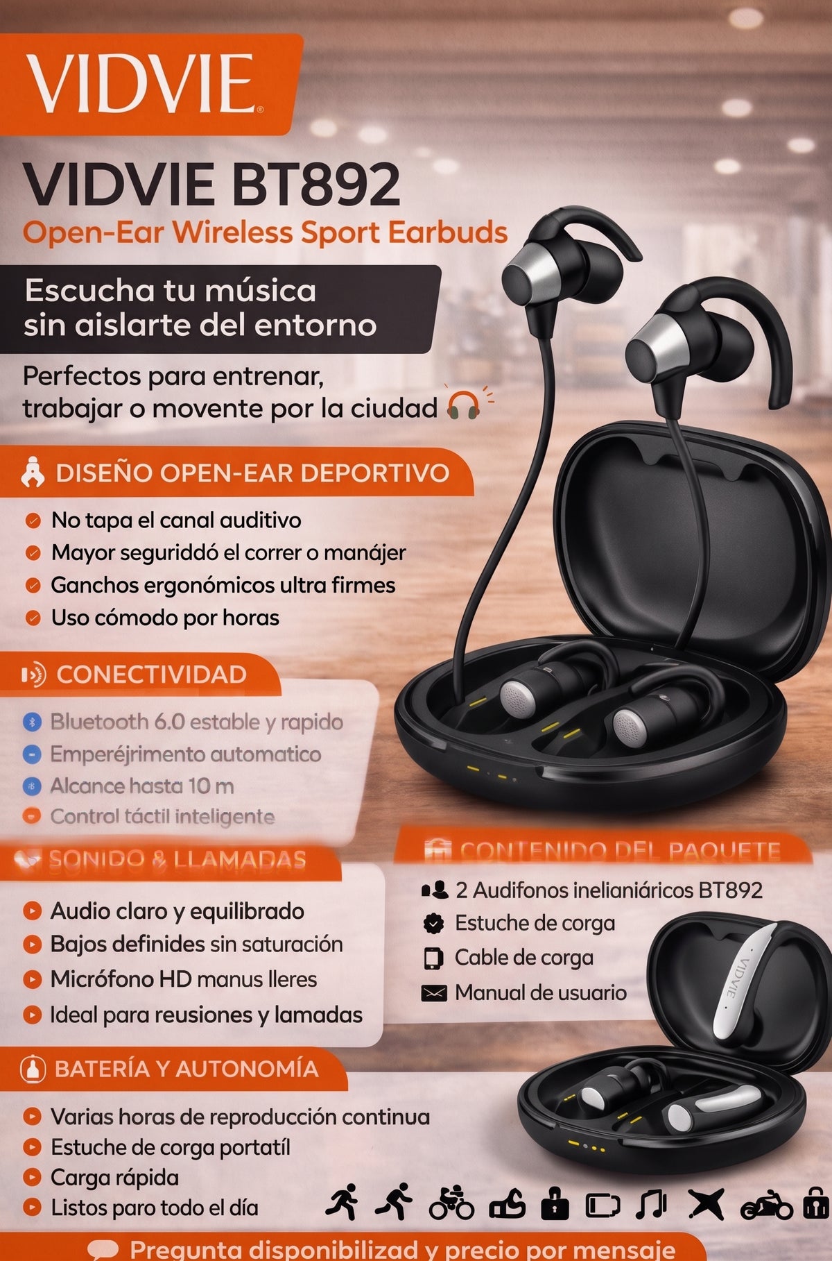 Audífonos Open-Ear OWS — Bluetooth 6.0 - Sonido de alta calidad